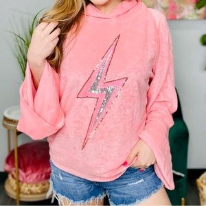 Salmon Thunder Bolt Sequin Lightweight Hoodie Over Sized Top size Med